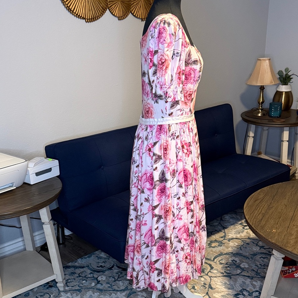 Ivy City Co. Pink Floral Print Sweetheart Square Neck Puff Sleeve Dress Medium - Picture 8 of 12